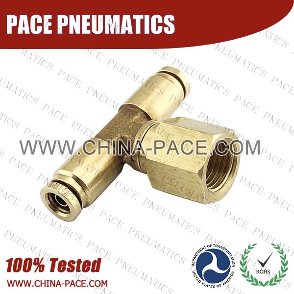Female Branch Swivel Tee DOT Push To Connect Air Brake Fittings, DOT Push In Air Brake Tube Fittings, DOT Approved Brass Push To Connect Fittings, DOT Fittings, DOT Air Line Fittings, Air Brake Parts